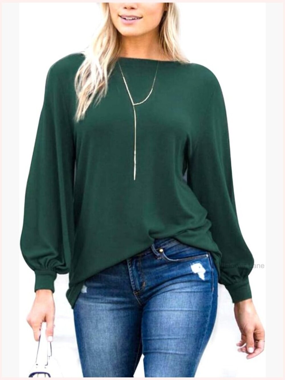 Long Puff Sleeve Boat Neck Tunic Top Loose Fit Cotton Stretch Pull On
